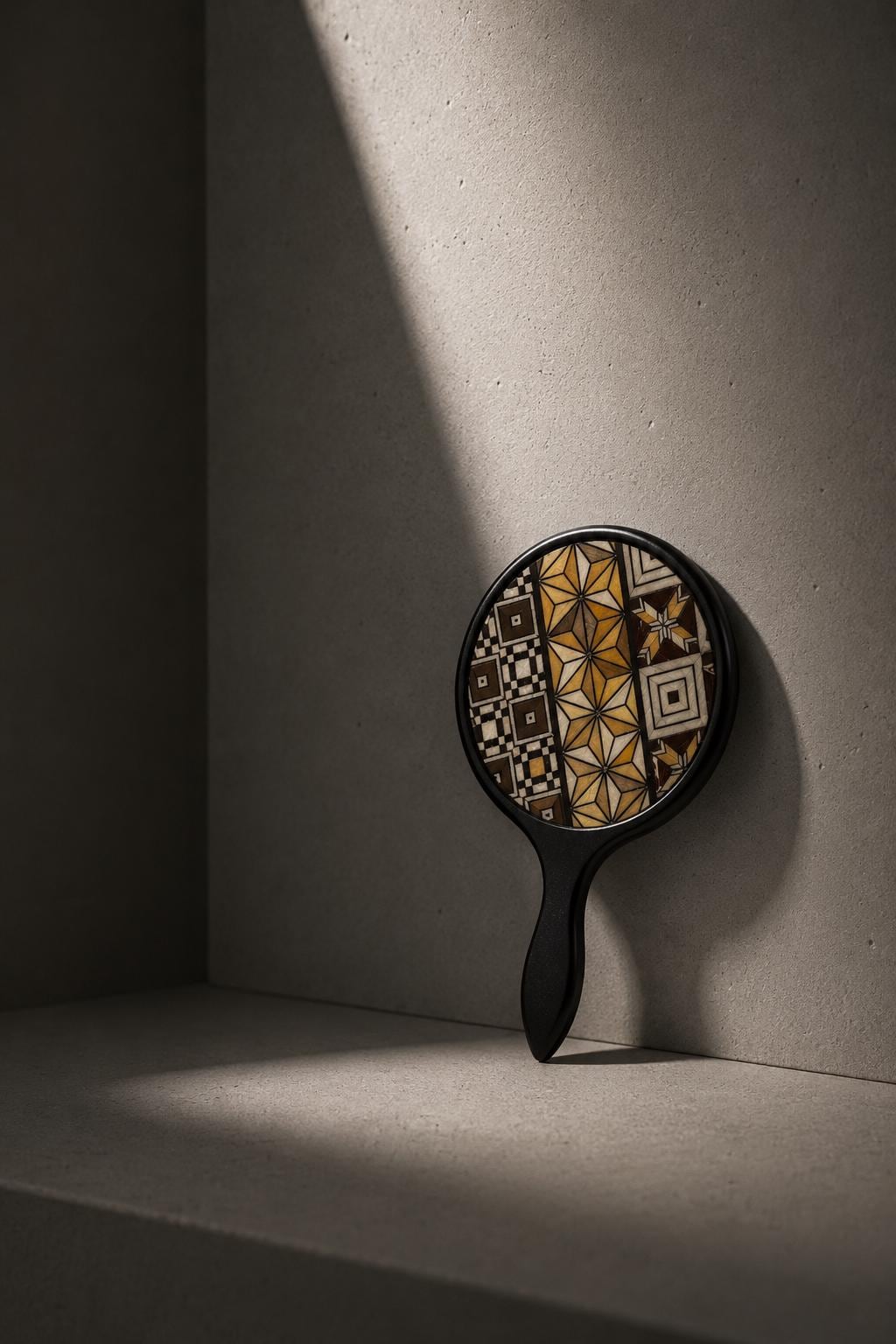 Vintage Hakone Yosegi Hand Mirror with Box – Black Lacquer Wooden Mirror, Traditional Japanese Craft, Unused, Made in Japan