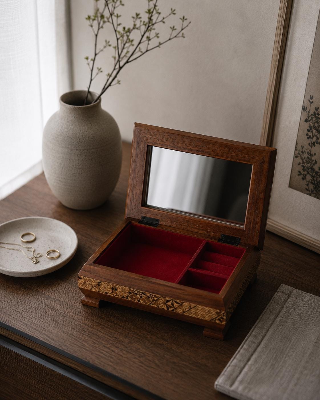 Vintage Hakone Yosegi Jewelry Box with Mirror – Japanese Wooden Keepsake Box, Traditional Marquetry, Made in Japan