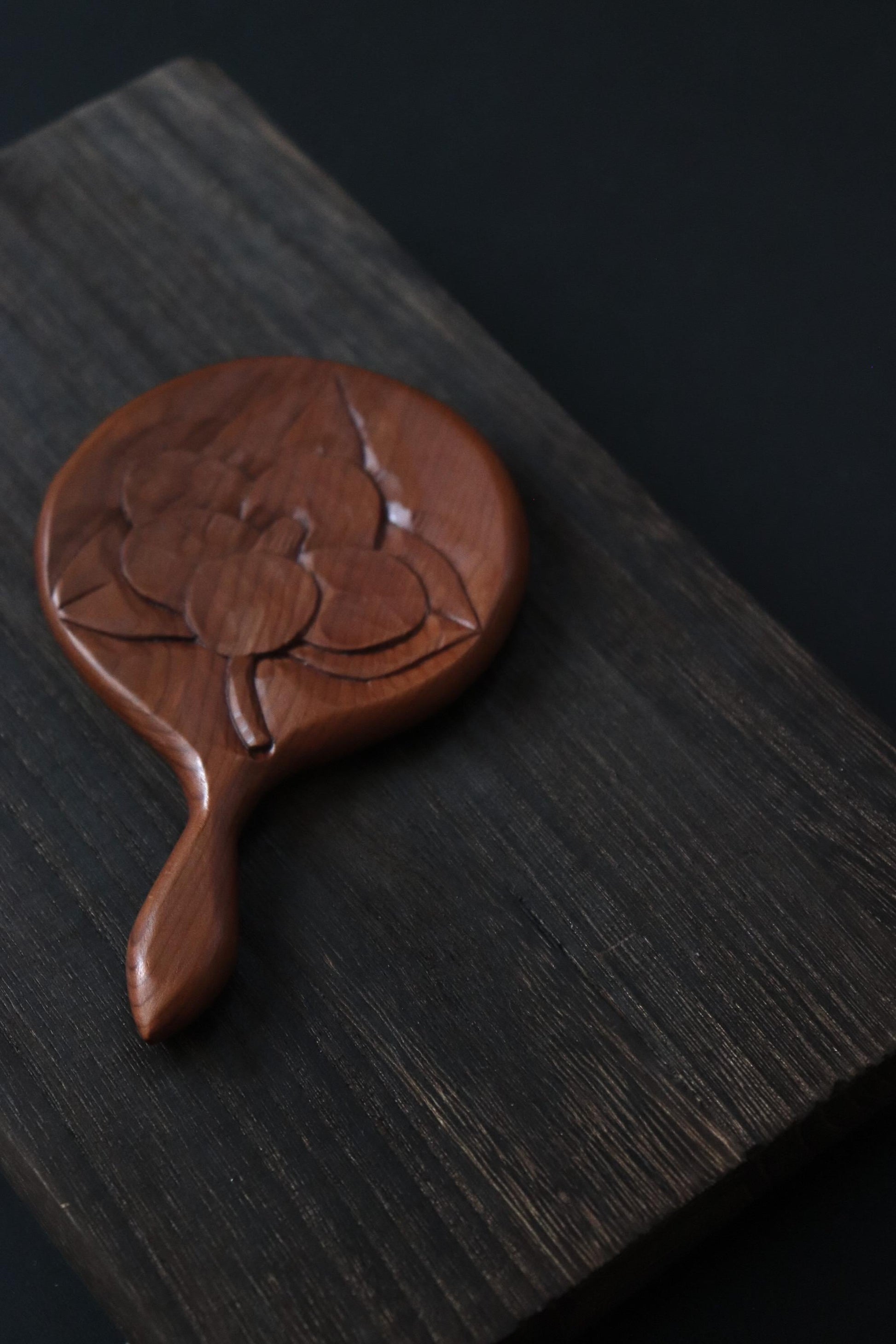 Vintage Japanese Ichii Ittobori Hand Mirror, Hida Takayama Traditional Wood Carving, Carved Wooden Vanity Mirror, Made in Japan