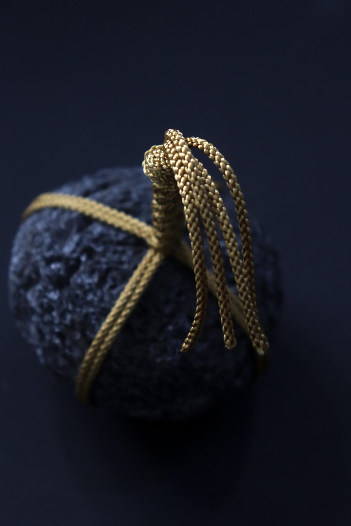 Japanese Sekimori Stone, Hokkaido Obsidian Garden Stone with Edo Braided Cord, Rare Black Volcanic Glass, Made in Japan