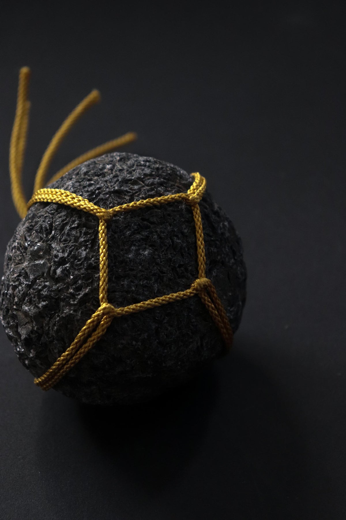 Japanese Sekimori Stone, Hokkaido Obsidian Garden Stone with Edo Braided Cord, Rare Black Volcanic Glass, Made in Japan