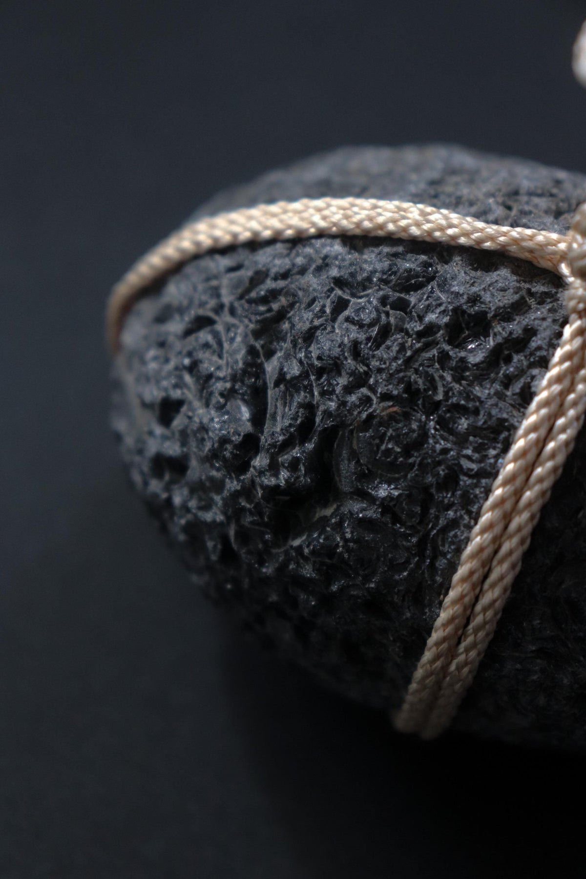 Japanese Sekimori Stone, Hokkaido Obsidian with White Edo Braided Cord, Japanese Garden Decor, Made in Japan