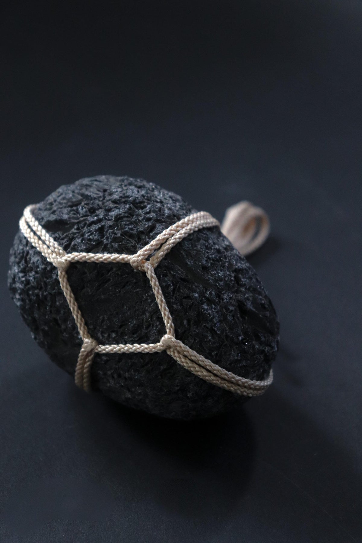 Japanese Sekimori Stone, Hokkaido Obsidian with White Edo Braided Cord, Japanese Garden Decor, Made in Japan