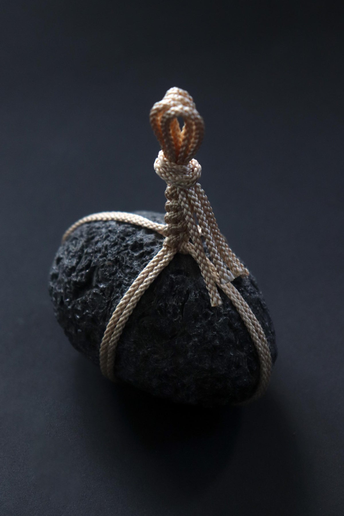 Japanese Sekimori Stone, Hokkaido Obsidian with White Edo Braided Cord, Japanese Garden Decor, Made in Japan