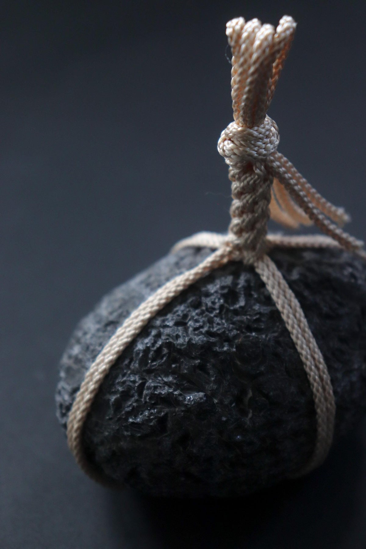 Japanese Sekimori Stone, Hokkaido Obsidian with White Edo Braided Cord, Japanese Garden Decor, Made in Japan