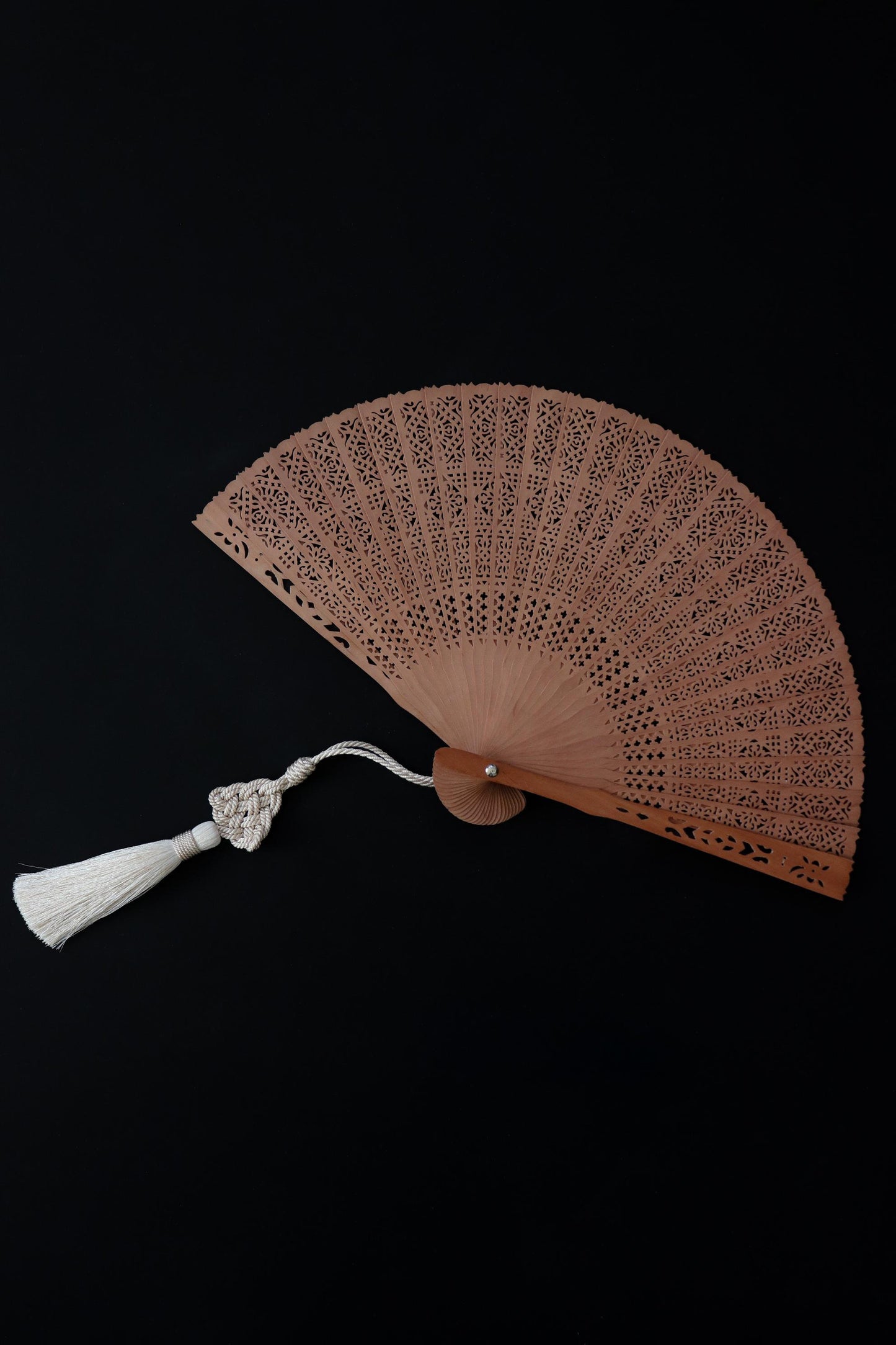 Vintage Japanese Sandalwood Folding Fan No. 01, Carved Wooden Sensu with Artisan Tassel & Paulownia Box, WabiSabi Kitchen Collection