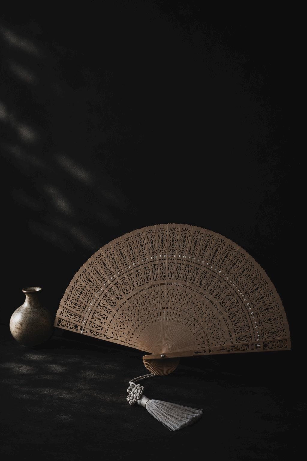 Vintage Japanese Sandalwood Folding Fan No. 03, Carved Openwork Sensu with Artisan Tassel & Paulownia Box, WabiSabi Kitchen Collection