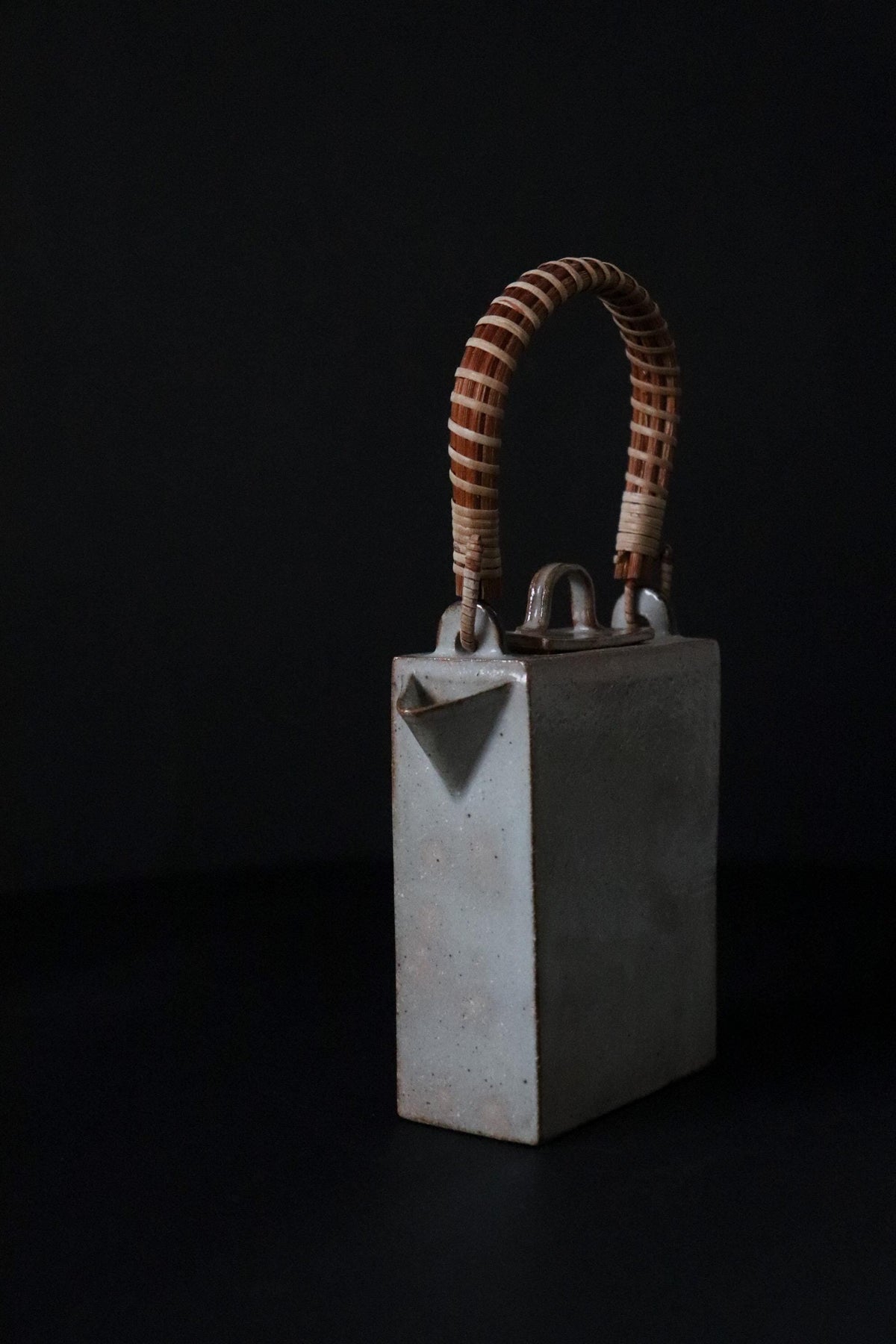 Vintage Japanese Square Ceramic Dobin Teapot, Rattan Wrapped Handle, Sencha Tea Ware, Sculptural Pot