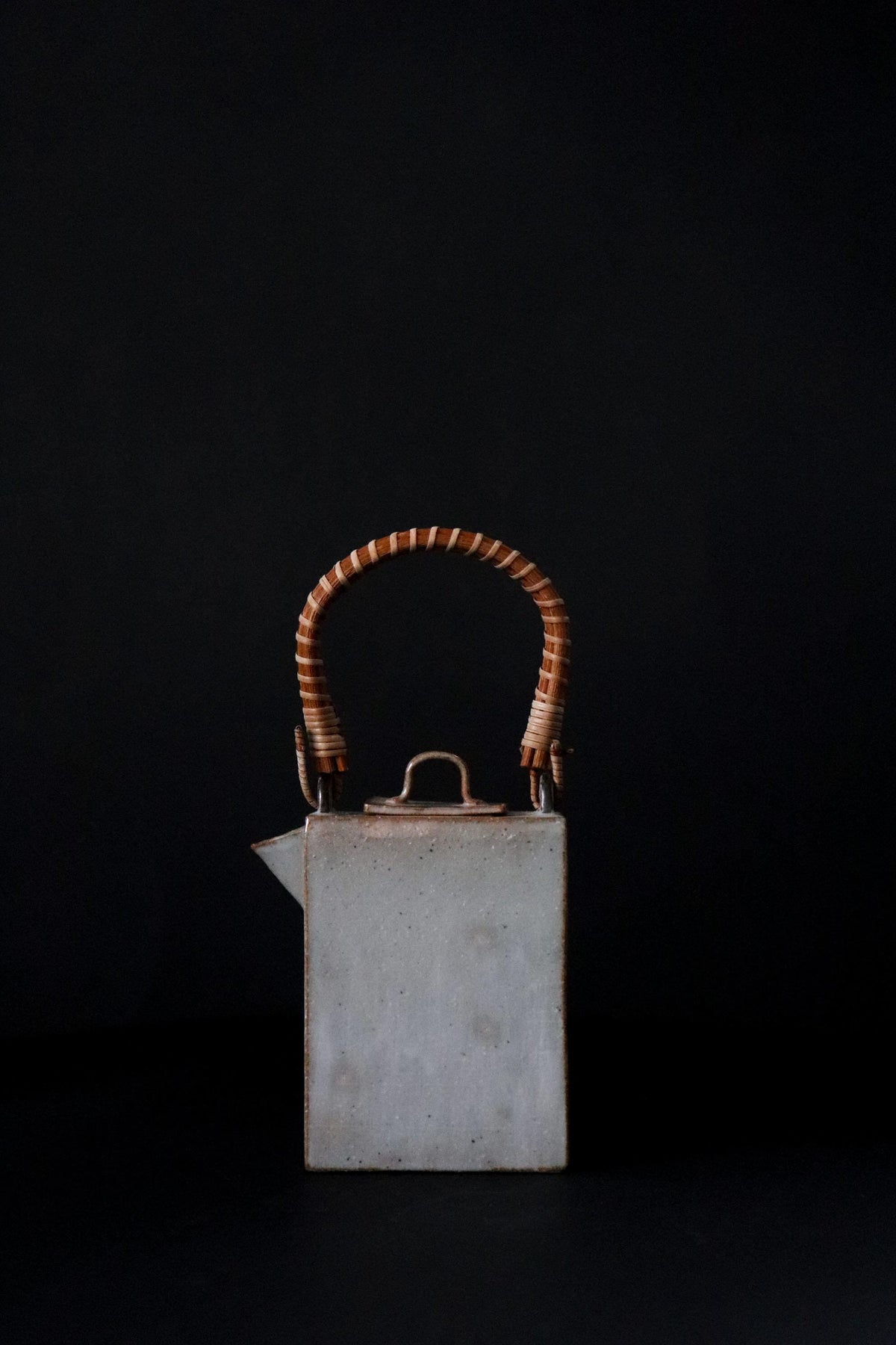 Vintage Japanese Square Ceramic Dobin Teapot, Rattan Wrapped Handle, Sencha Tea Ware, Sculptural Pot