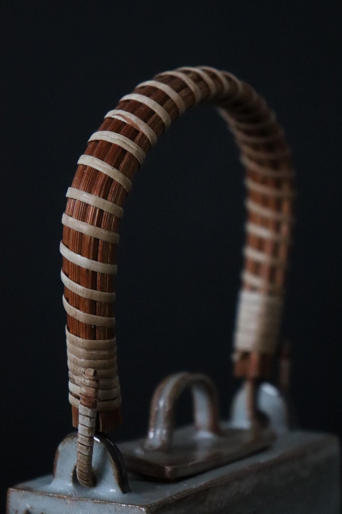 Vintage Japanese Square Ceramic Dobin Teapot, Rattan Wrapped Handle, Sencha Tea Ware, Sculptural Pot