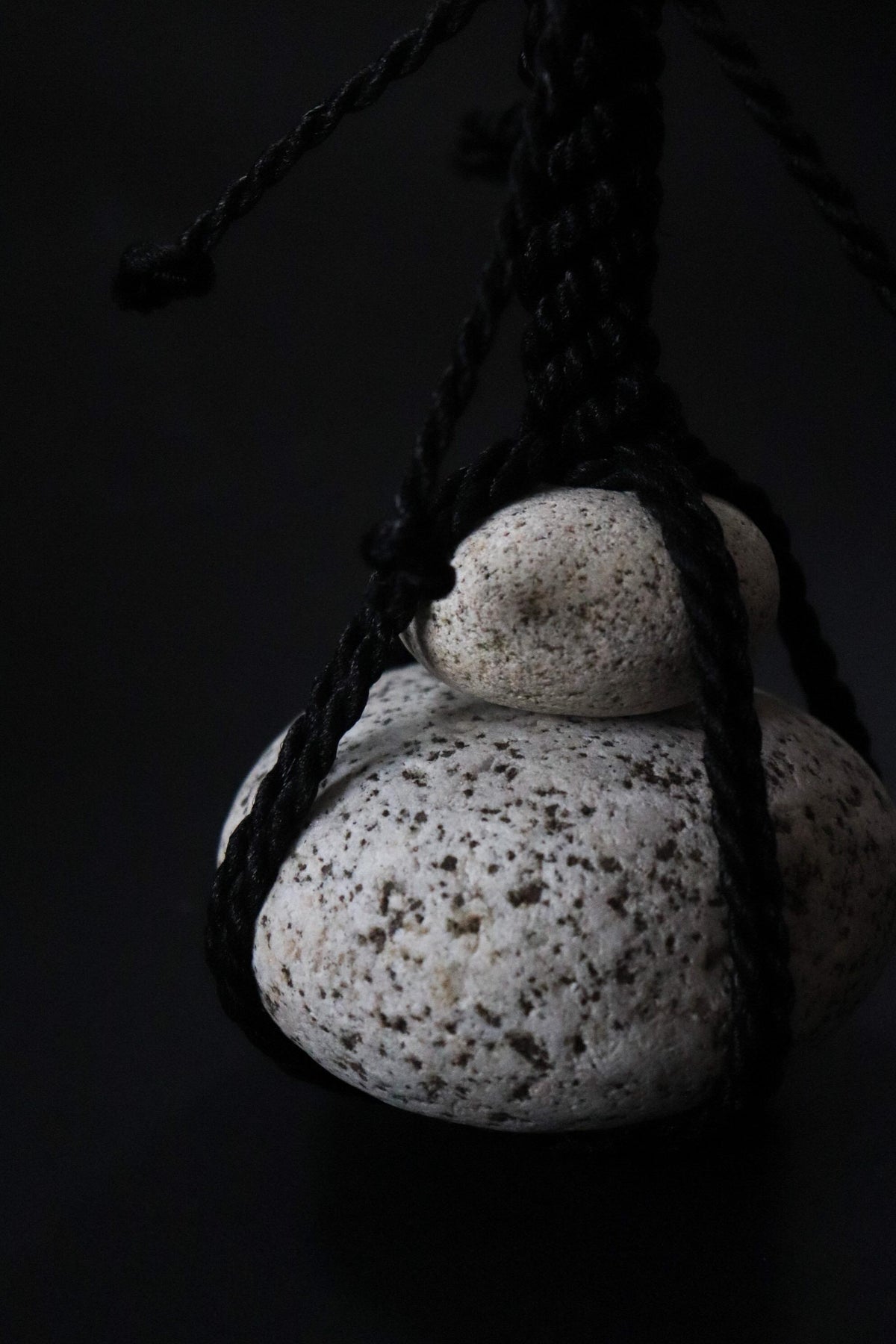 Japanese Sekimori-ishi Barrier Stone, Double Niigata Natural Stone with Black Garden Rope, Wabi Sabi Sculpture
