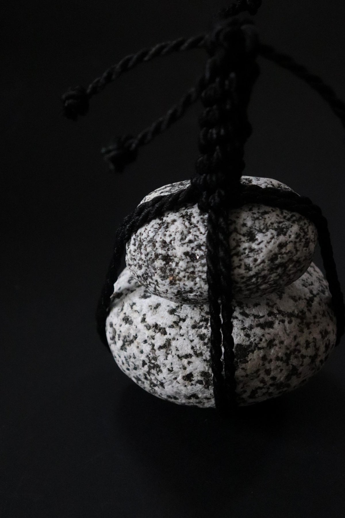 Japanese Sekimori-ishi Barrier Stone, Double Niigata Natural Stone with Black Garden Rope, Wabi Sabi Sculpture