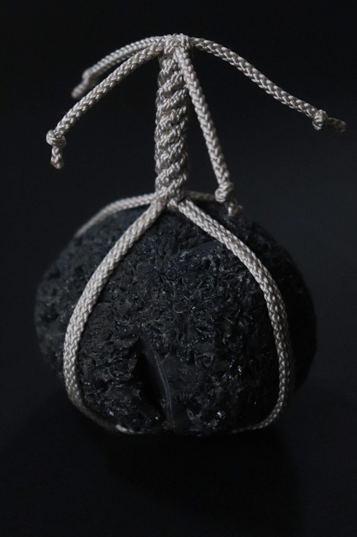 Japanese Sekimori-ishi Barrier Stone, Hokkaido Obsidian with Edo-Style Braided Cord, Wabi Sabi Garden Object