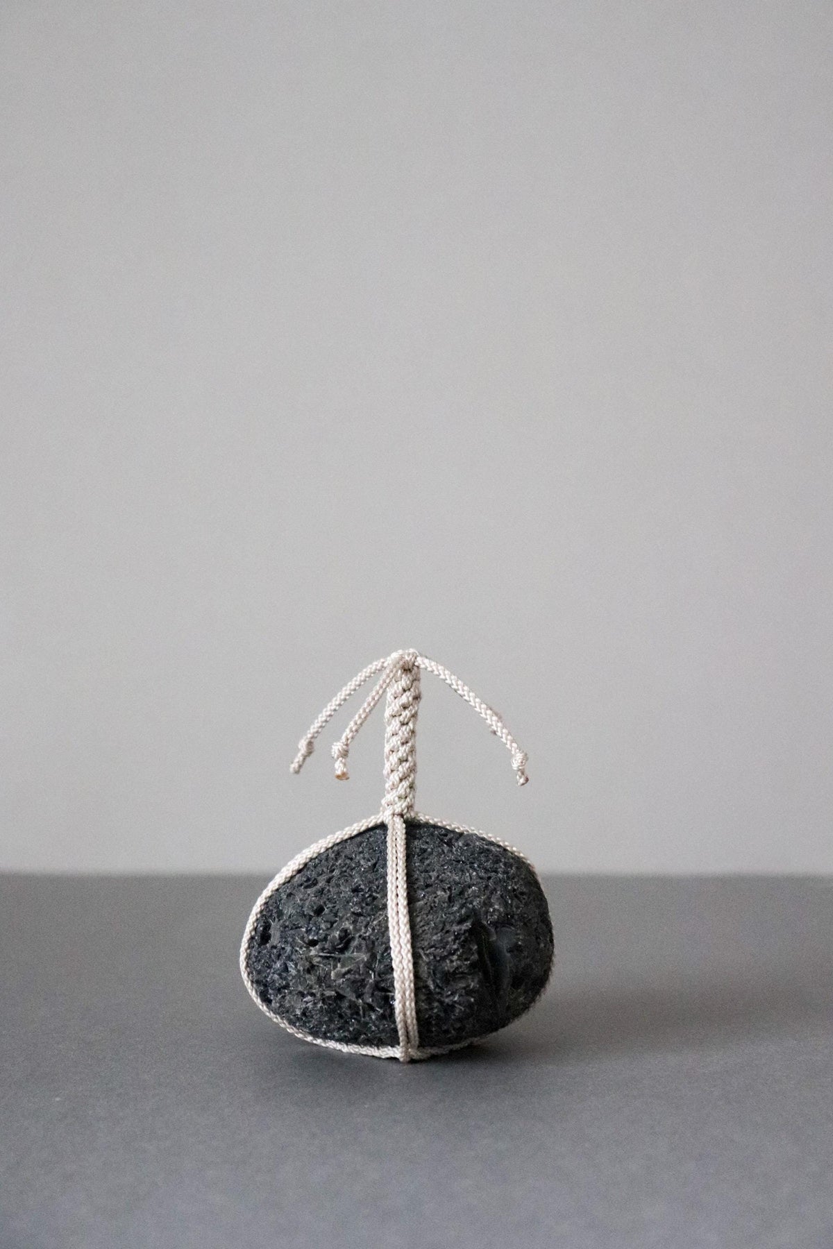 Japanese Sekimori-ishi Barrier Stone, Hokkaido Obsidian with Edo-Style Braided Cord, Wabi Sabi Garden Object