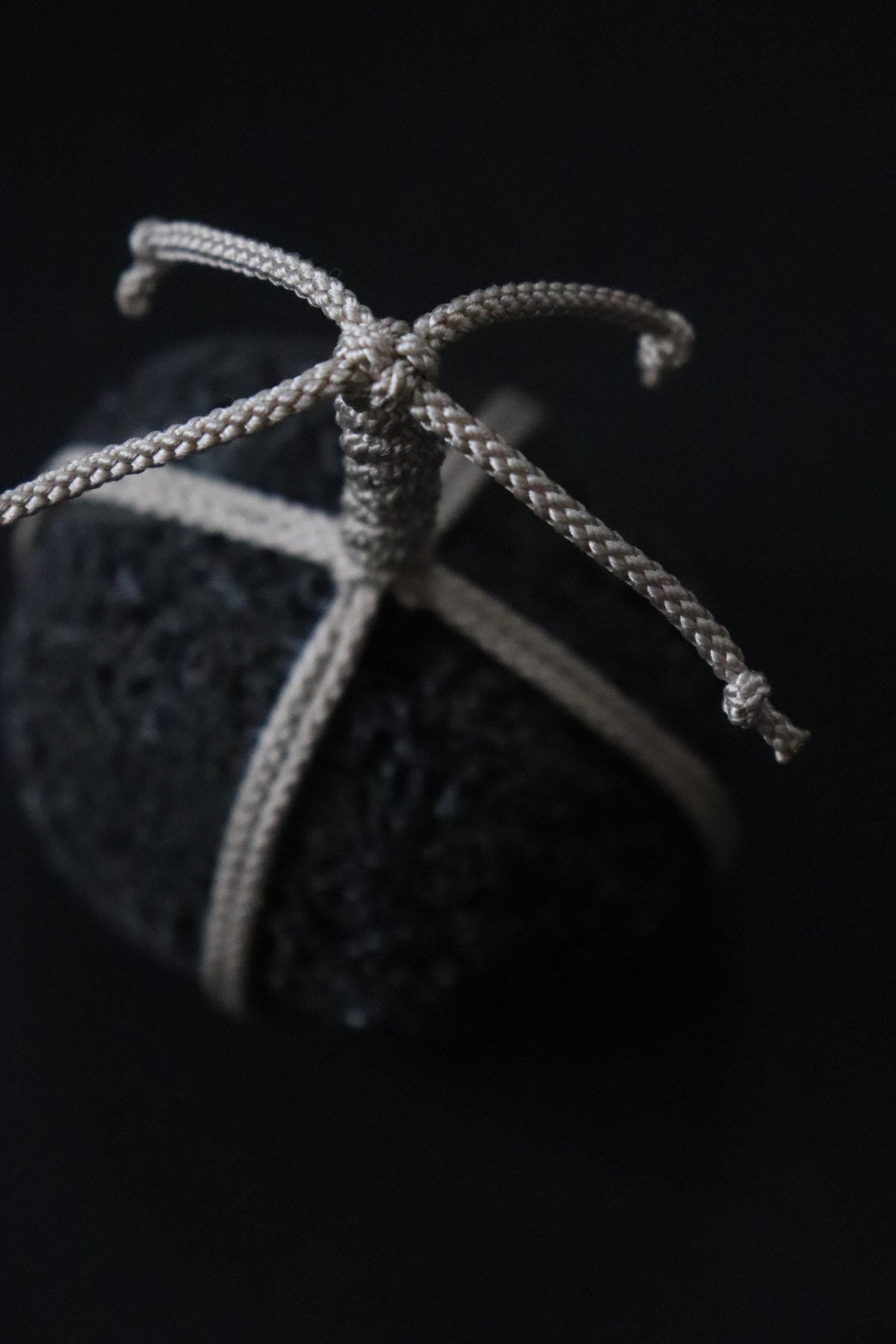 Japanese Sekimori-ishi Barrier Stone, Hokkaido Obsidian with Edo-Style Braided Cord, Wabi Sabi Garden Object
