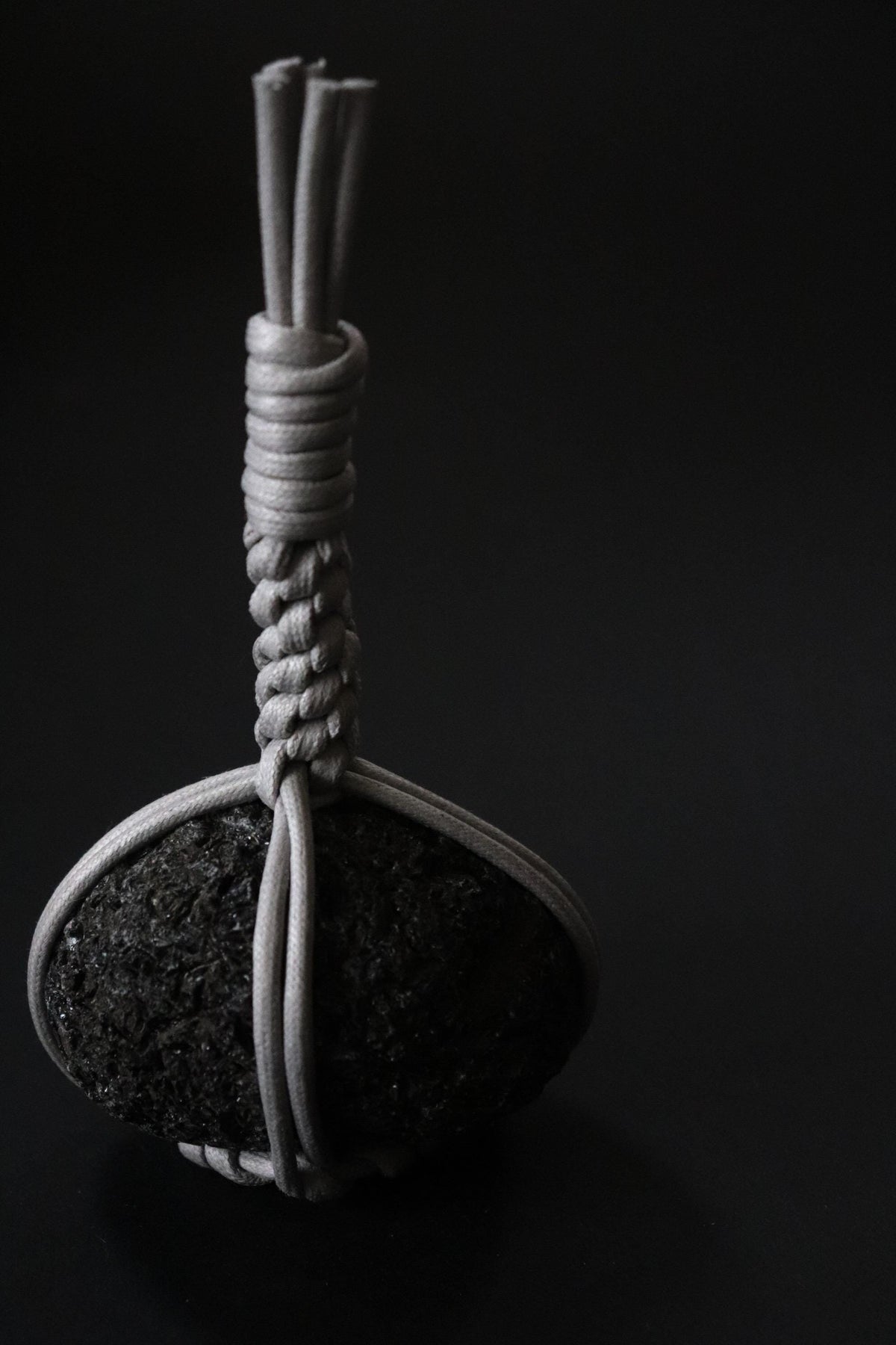 Japanese Sekimori-ishi Barrier Stone, Hokkaido Obsidian with White Waxed Cord, Wabi Sabi Garden Object