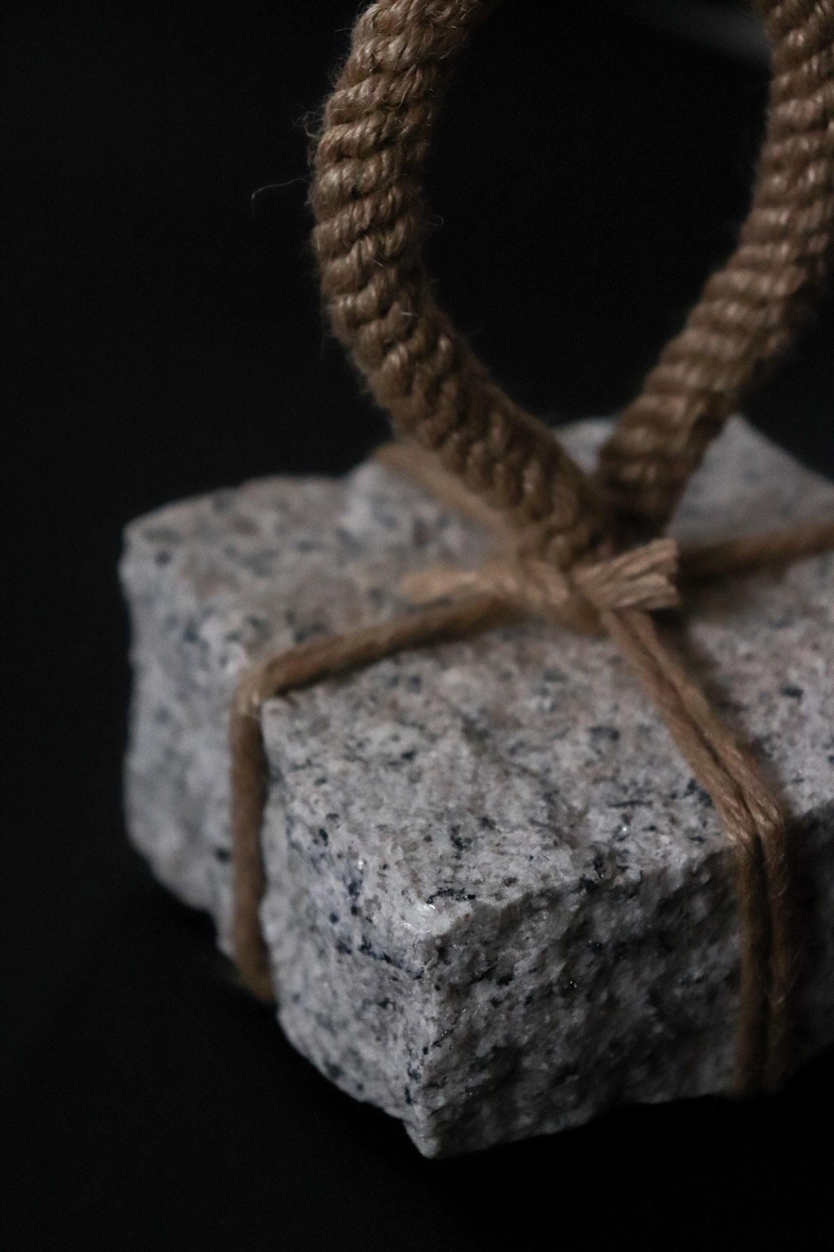 Japanese Sekimori-ishi Barrier Stone, Square Natural Stone with Hemp Cord, Wabi Sabi Sculptural Object