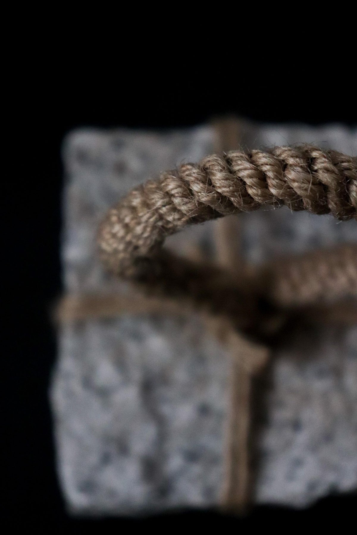 Japanese Sekimori-ishi Barrier Stone, Square Natural Stone with Hemp Cord, Wabi Sabi Sculptural Object