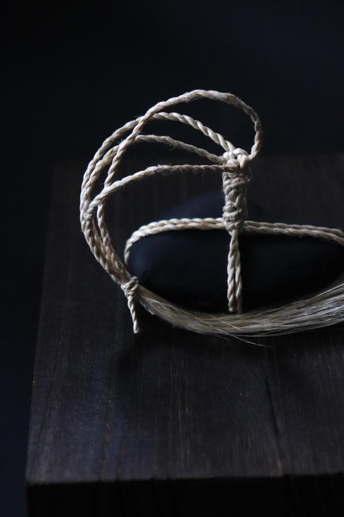 Japanese Sekimori-ishi Barrier Stone, Polished Nachiguro Stone with Hand-Braided Seima Hemp, Wabi Sabi Object