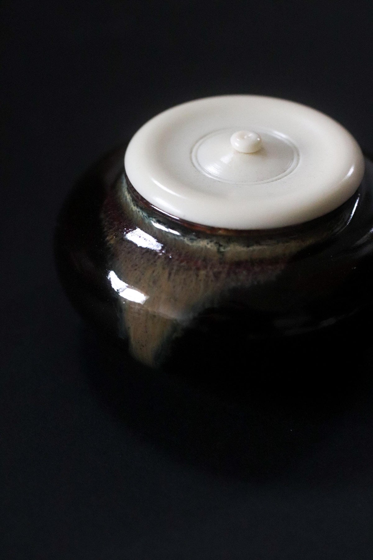 Vintage Japanese Utsumi Chaire Tea Caddy with Silk Oribe Donsu Shifuku, Japanese Tea Ceremony Ceramic