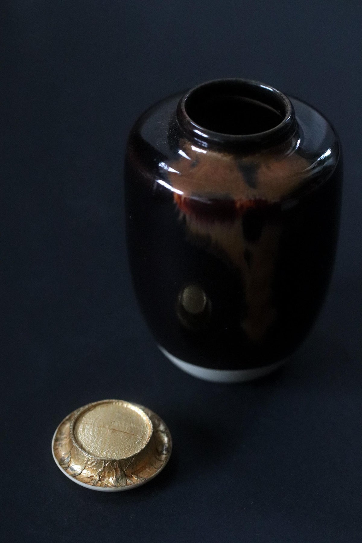 Vintage Japanese Katatsuki Chaire Tea Caddy, Brown Black Glazed Ceramic with Shifuku Pouch, Japanese Tea Ceremony Utensil