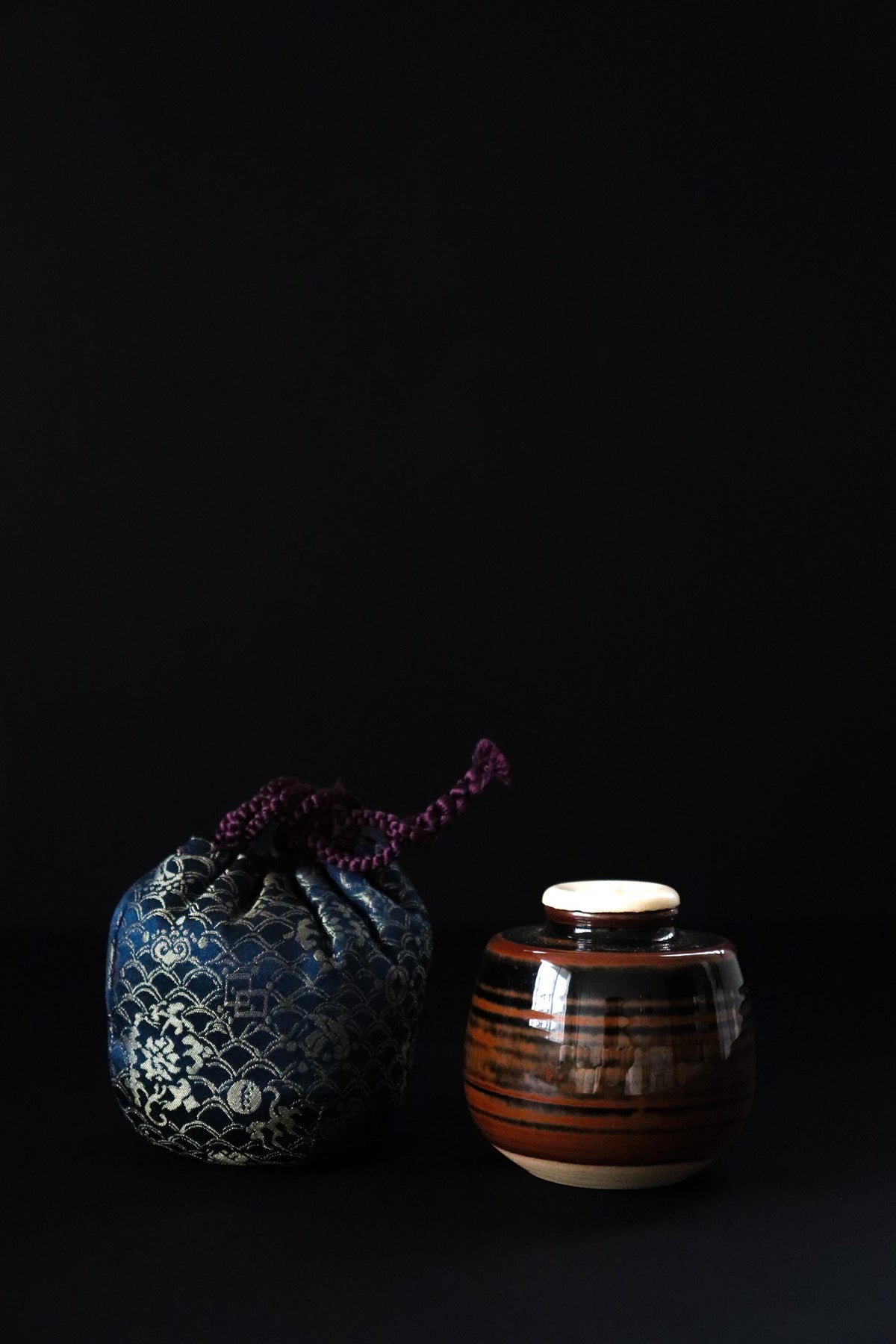 Vintage Japanese Chaire Tea Caddy, Striped Brown Glaze, Signed Ceramic, Shifuku Pouch, Japanese Tea Ceremony Utensil