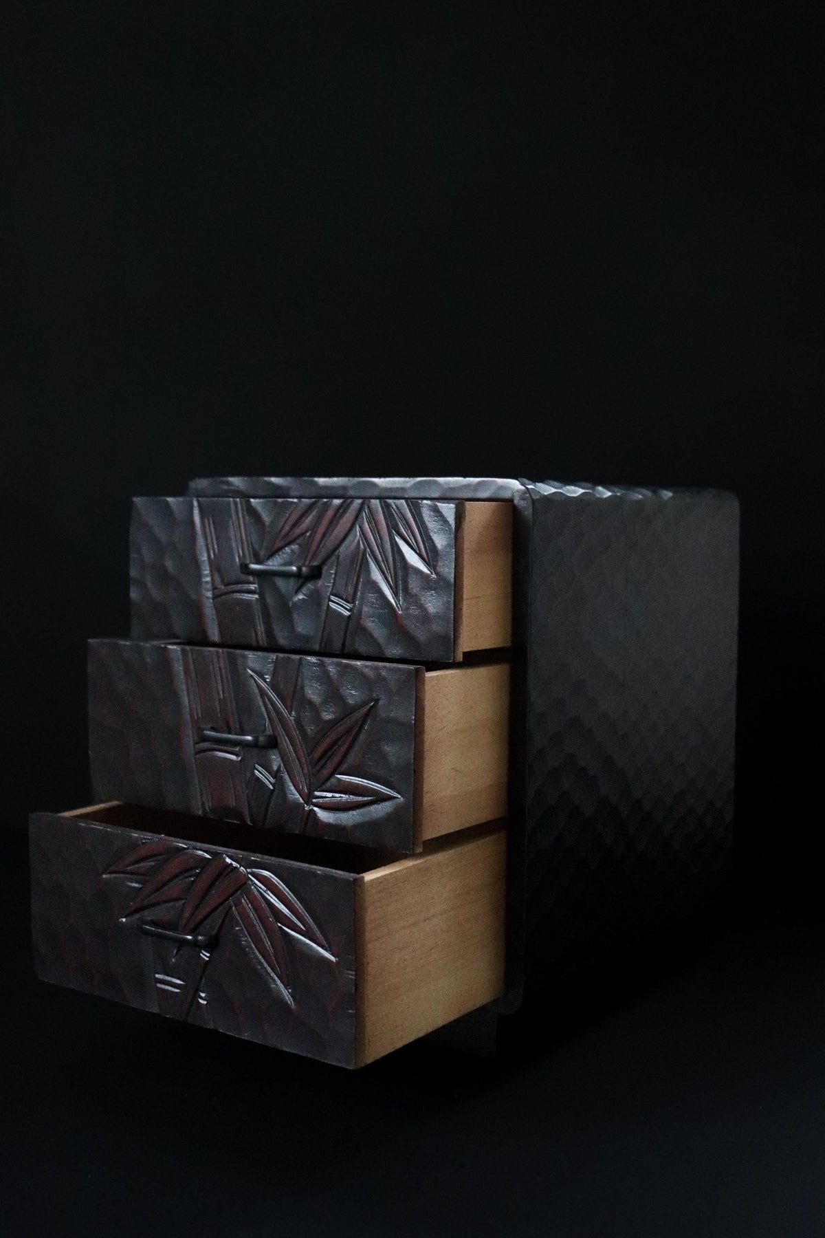 Vintage Japanese Kamakura Bori Three Drawer Chest, Hand Carved Bamboo Lacquered Wood Jewelry Box, Traditional Japanese Storage Cabinet
