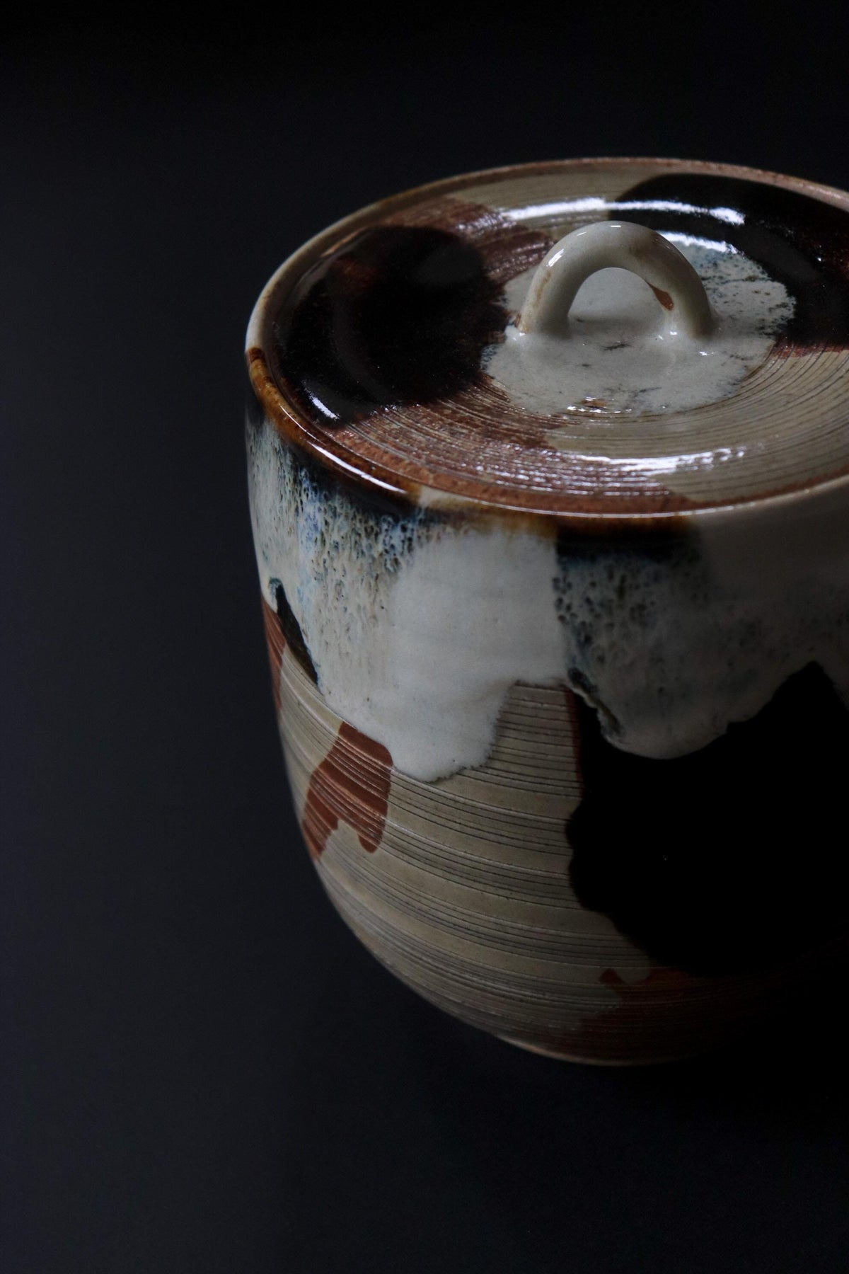 Vintage Japanese Akogi Ware Mizusashi, Tea Ceremony Water Jar, Expressive Drip Glaze Ceramic Vessel