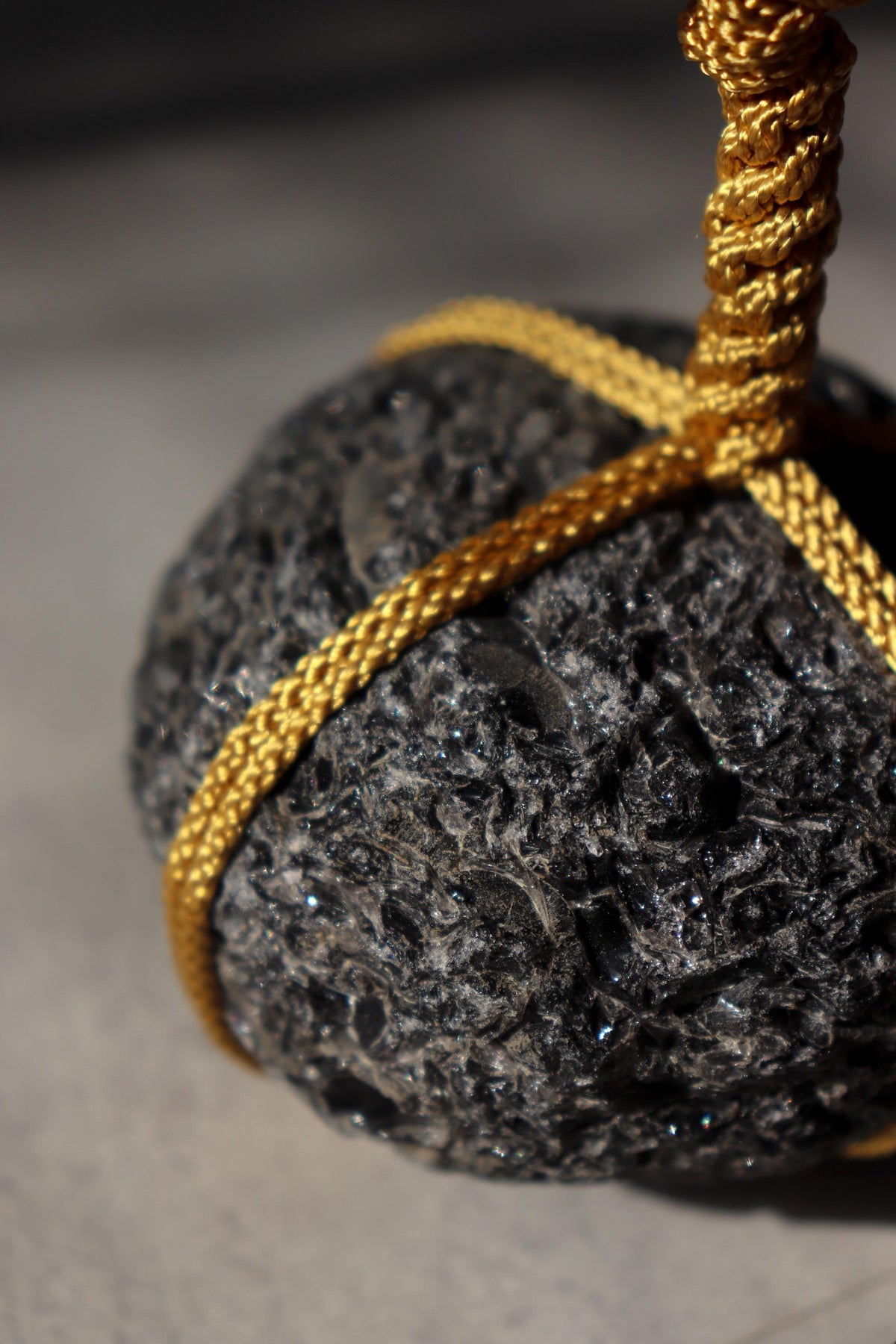 Japanese Sekimori Stone, Hokkaido Obsidian Garden Stone with Edo Braided Cord, Rare Black Volcanic Glass, Made in Japan
