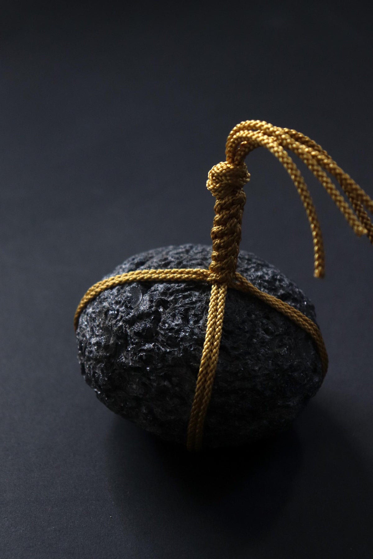 Japanese Sekimori Stone, Hokkaido Obsidian Garden Stone with Edo Braided Cord, Rare Black Volcanic Glass, Made in Japan