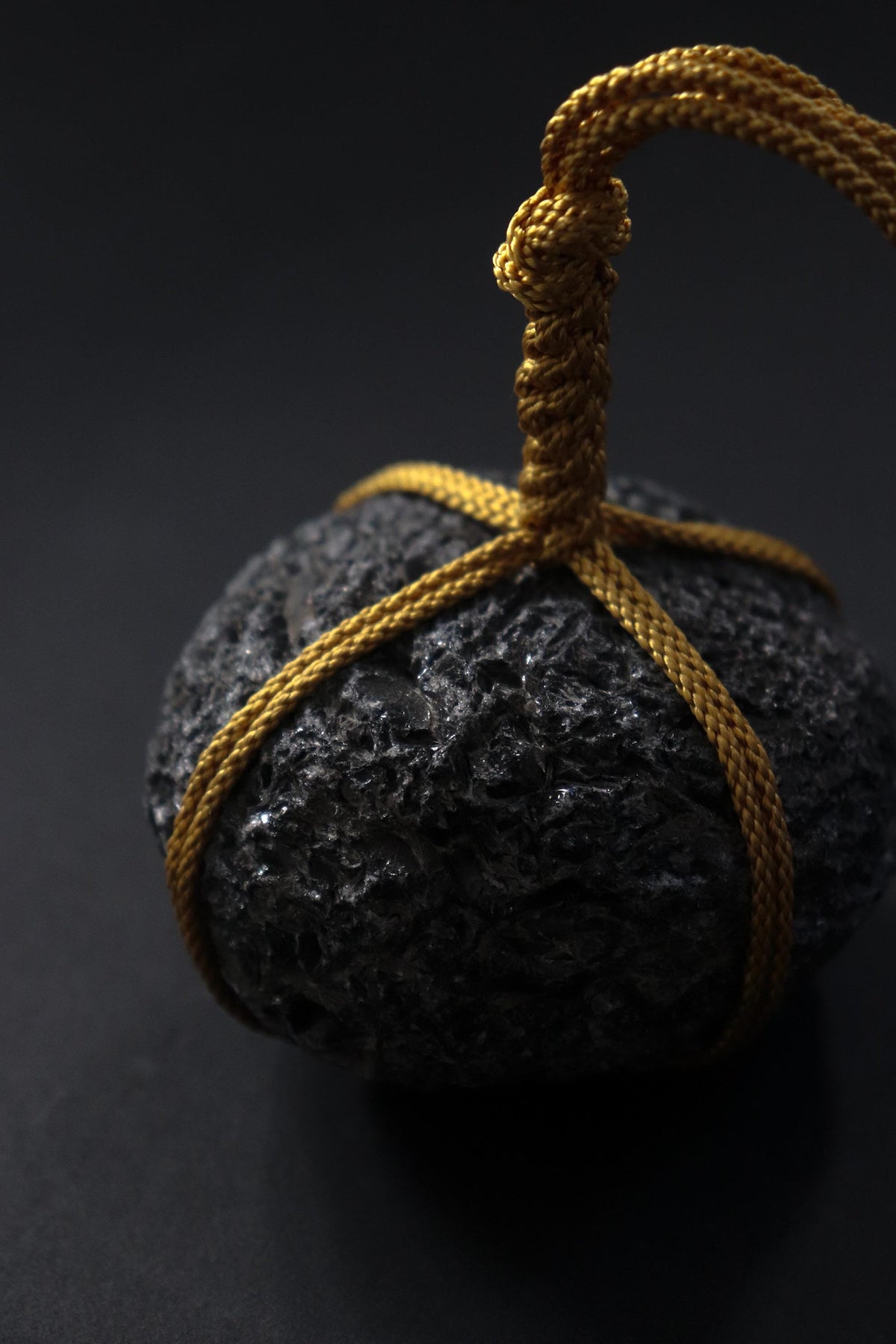 Japanese Sekimori Stone, Hokkaido Obsidian Garden Stone with Edo Braided Cord, Rare Black Volcanic Glass, Made in Japan