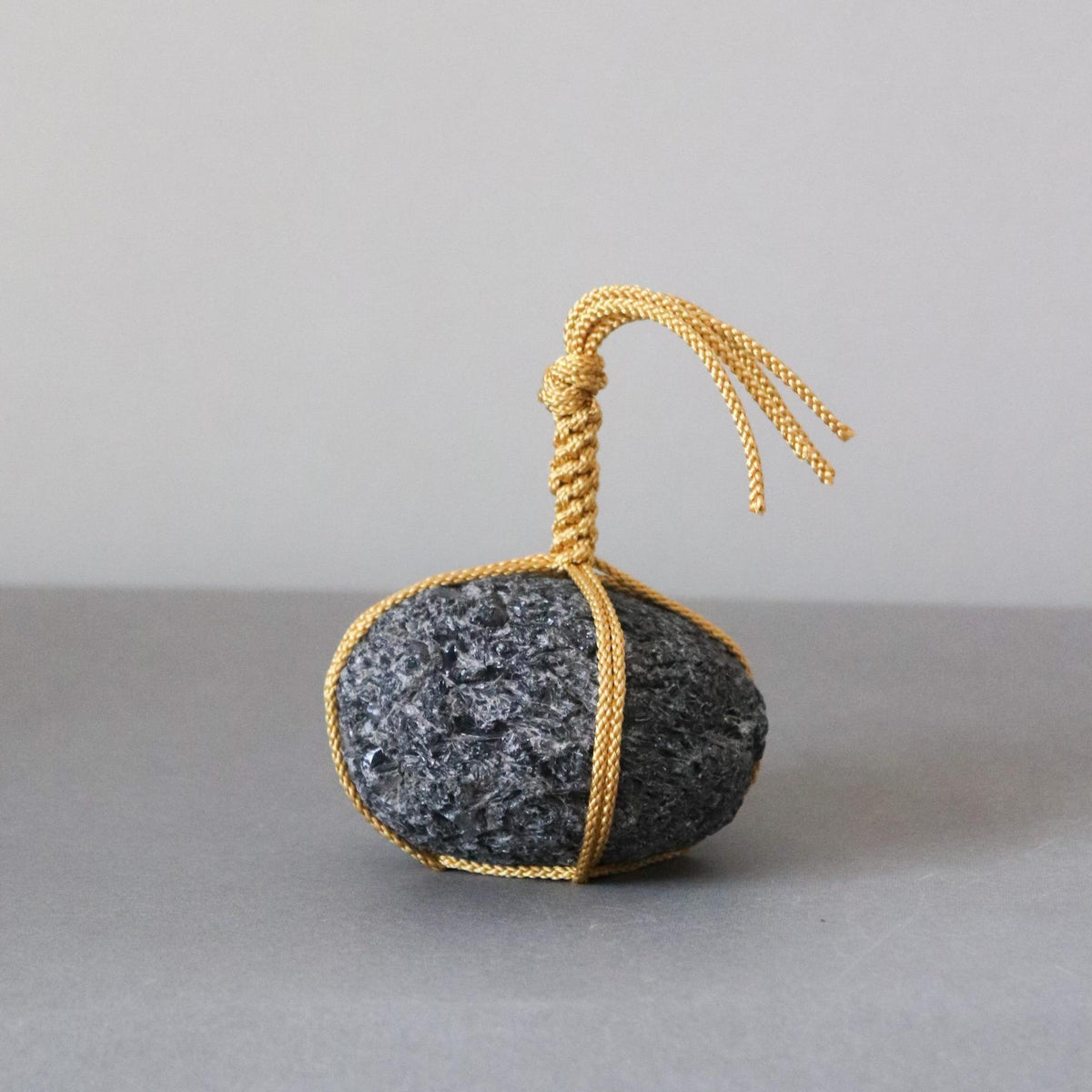 Japanese Sekimori Stone, Hokkaido Obsidian Garden Stone with Edo Braided Cord, Rare Black Volcanic Glass, Made in Japan