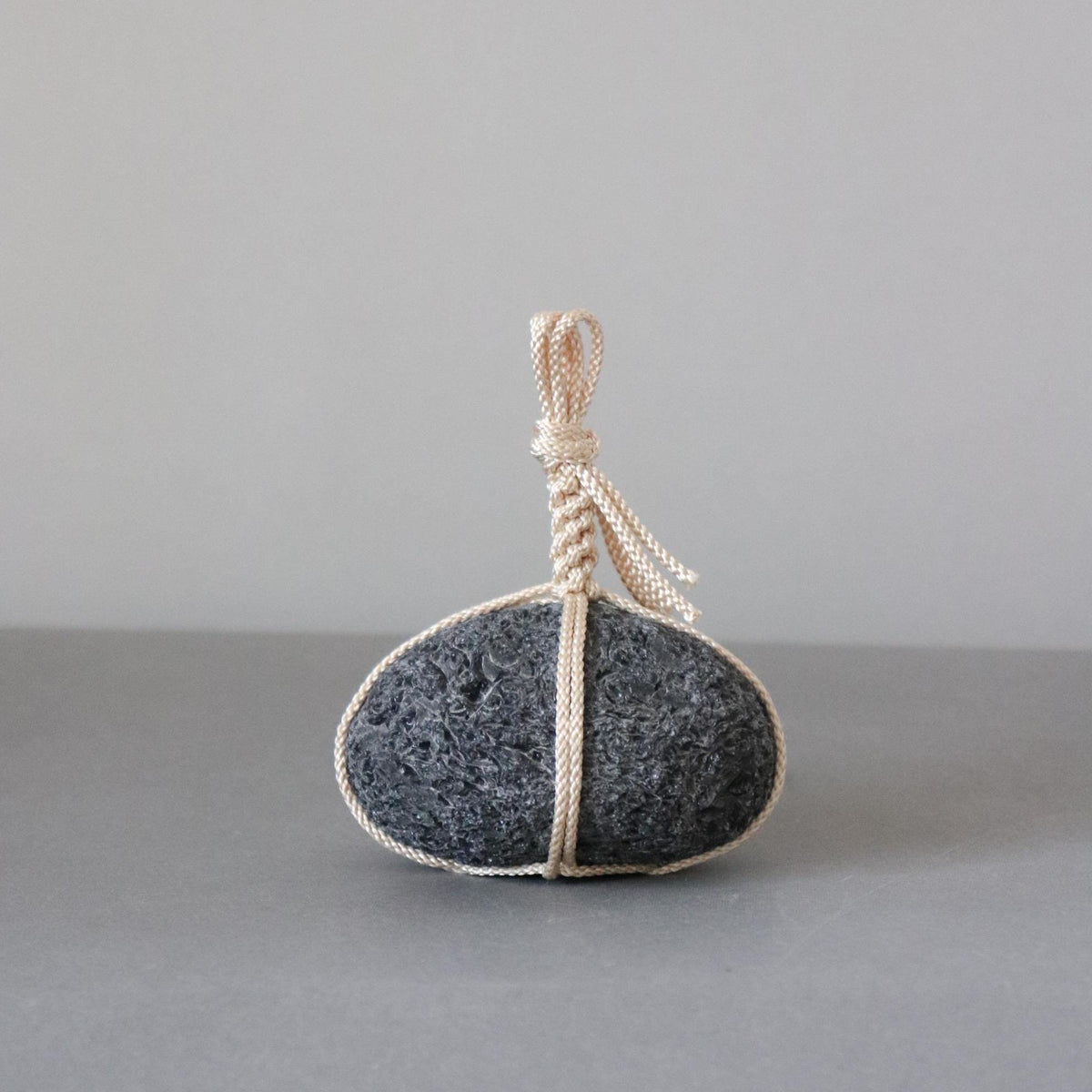 Japanese Sekimori Stone, Hokkaido Obsidian with White Edo Braided Cord, Japanese Garden Decor, Made in Japan
