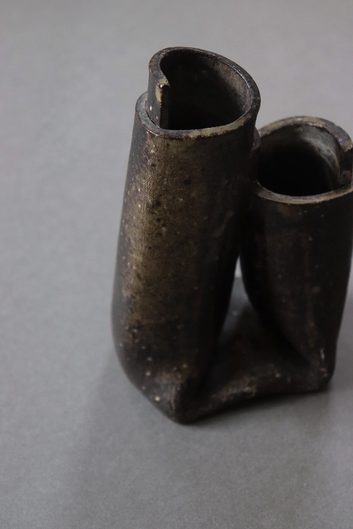 Vintage Japanese Double Ikebana Vase, Handmade Tatara Ceramic with Nunome Texture, Sculptural Flower Vessel