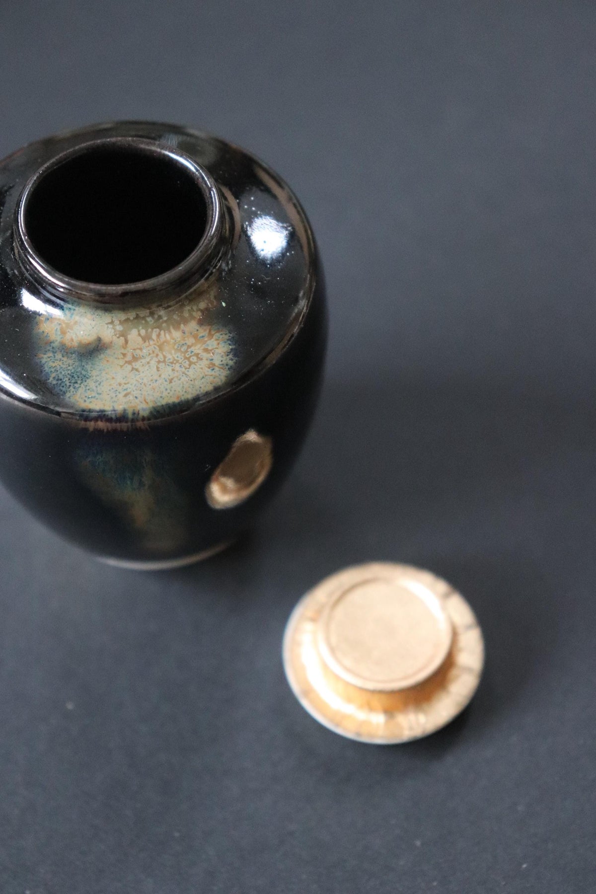 Vintage Japanese Katatsuki Chaire Tea Caddy | Black Glazed Ceramic with Shifuku Pouch | Tea Ceremony Utensil