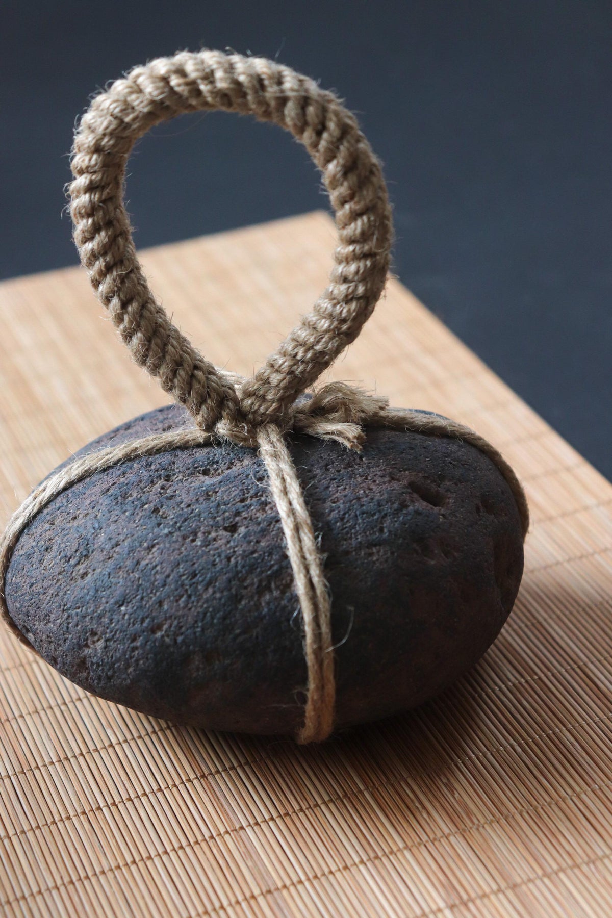 Japanese Sekimori-ishi Barrier Stone, Large Niigata Natural Stone with Hemp Cord, Wabi Sabi Sculptural Object