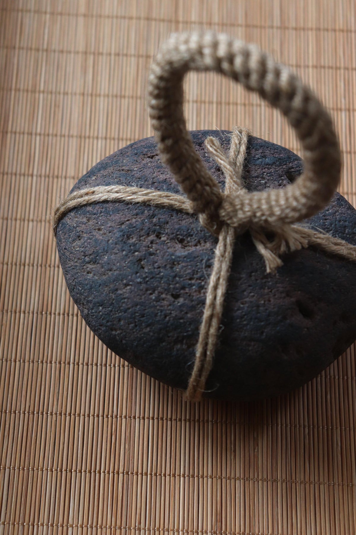 Japanese Sekimori-ishi Barrier Stone, Large Niigata Natural Stone with Hemp Cord, Wabi Sabi Sculptural Object