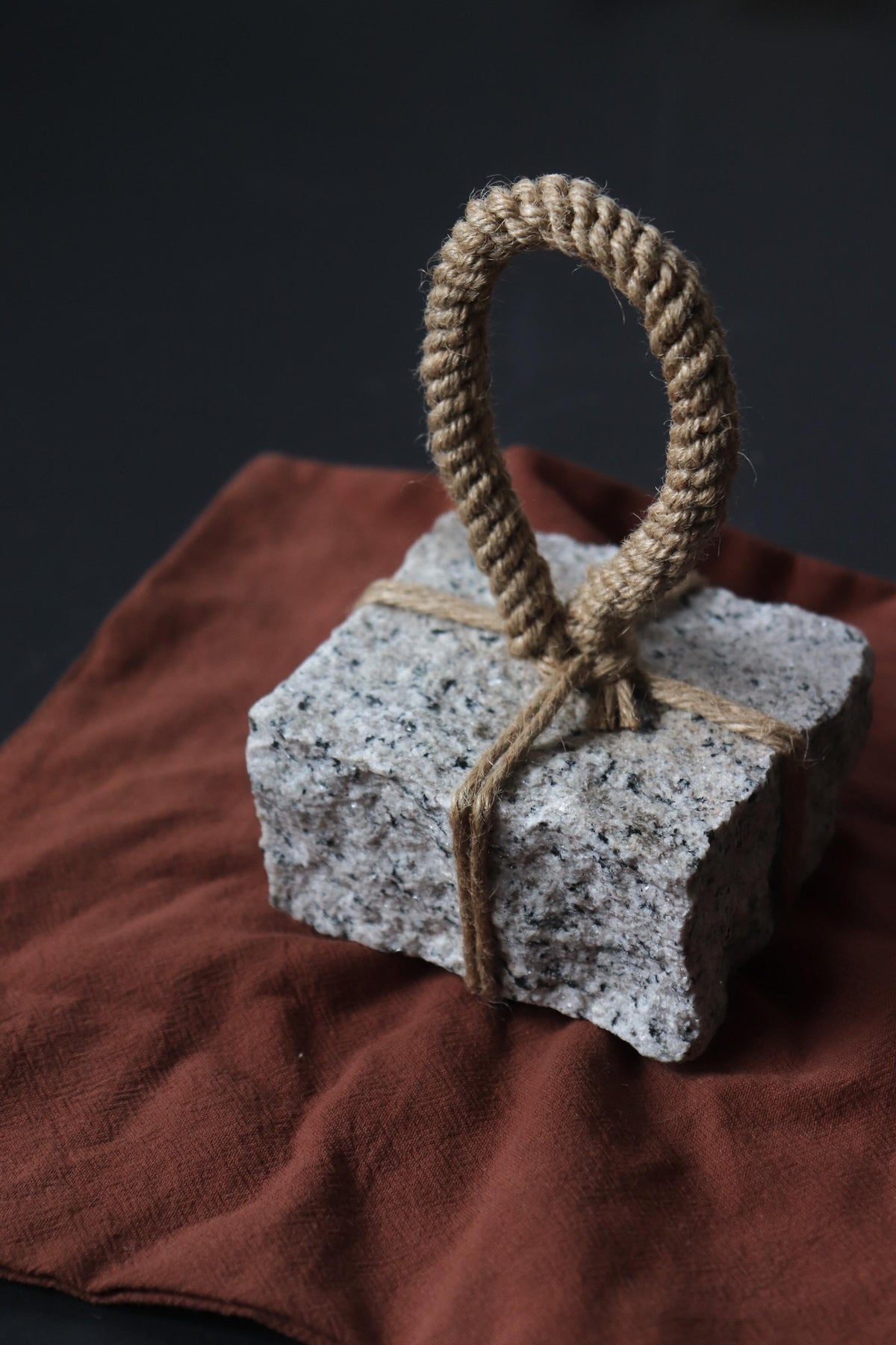 Japanese Sekimori-ishi Barrier Stone, Square Natural Stone with Hemp Cord, Wabi Sabi Sculptural Object