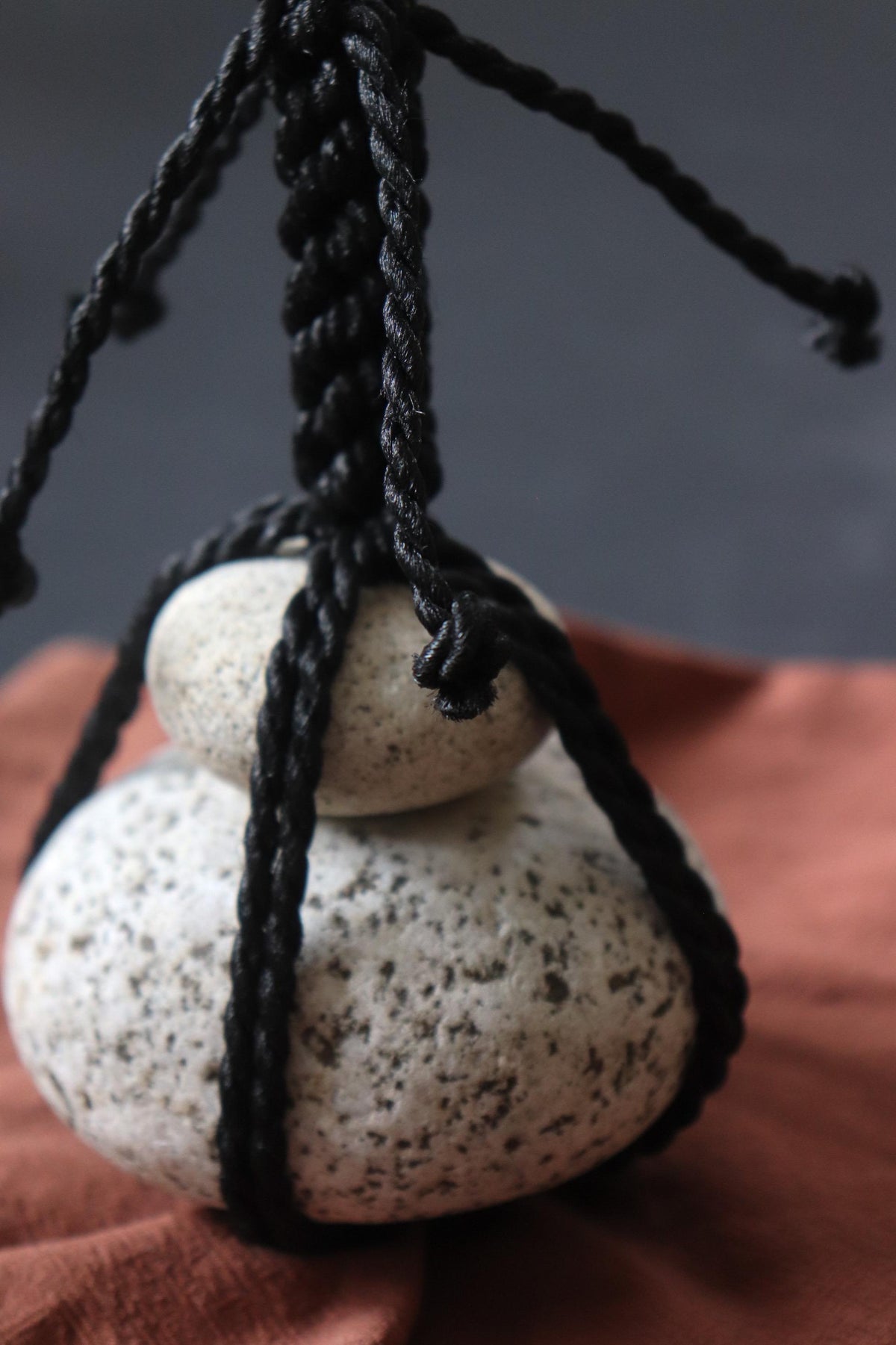Japanese Sekimori-ishi Barrier Stone, Double Niigata Natural Stone with Black Garden Rope, Wabi Sabi Sculpture