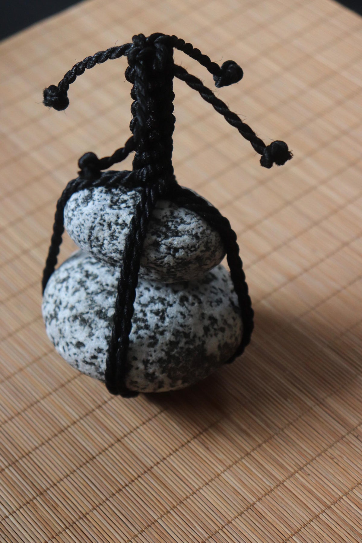 Japanese Sekimori-ishi Barrier Stone, Double Niigata Natural Stone with Black Garden Rope, Wabi Sabi Sculpture