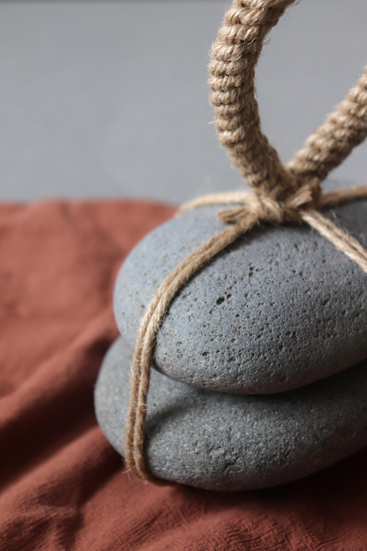 Japanese Sekimori-ishi Barrier Stone, Double Niigata Natural Stone with Hemp Cord, Wabi Sabi Sculptural Object