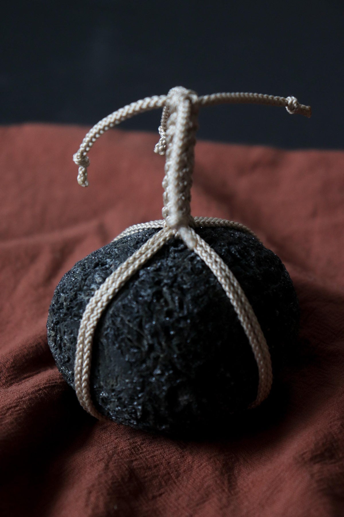 Japanese Sekimori-ishi Barrier Stone, Hokkaido Obsidian with Edo-Style Braided Cord, Wabi Sabi Garden Object
