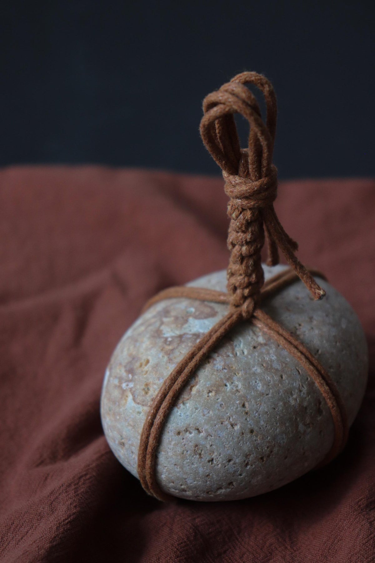 Japanese Sekimori-ishi Barrier Stone, Niigata Yakuseki Stone with Cotton Cord, Wabi Sabi Garden Object