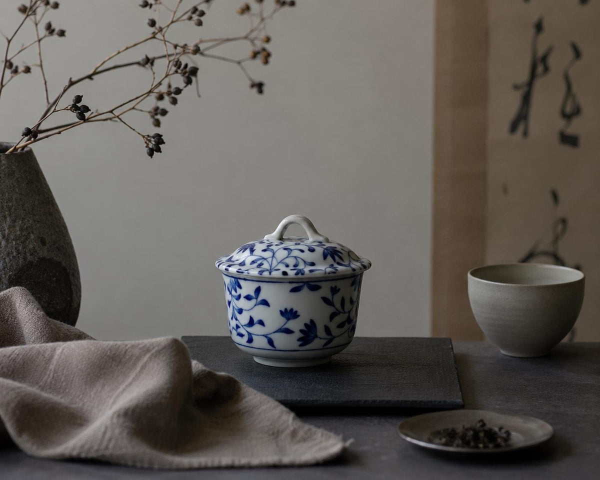 Japanese Blue & White Lidded Porcelain Bowl, Sometsuke Karakusa Covered Bowl, Small Serving Bowl, Made in Japan