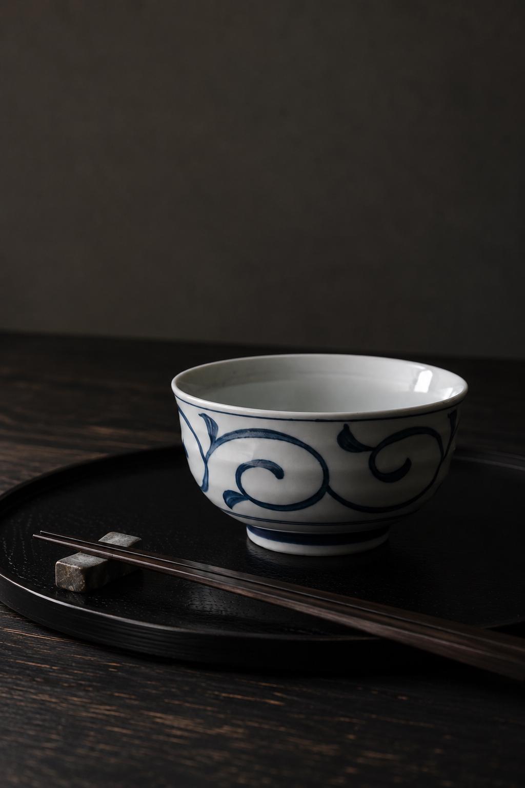 Japanese Mino Ware Small Donburi Bowl, Blue & White Karakusa Rice Bowl, Udon Soba Soup Bowl, Made in Japan