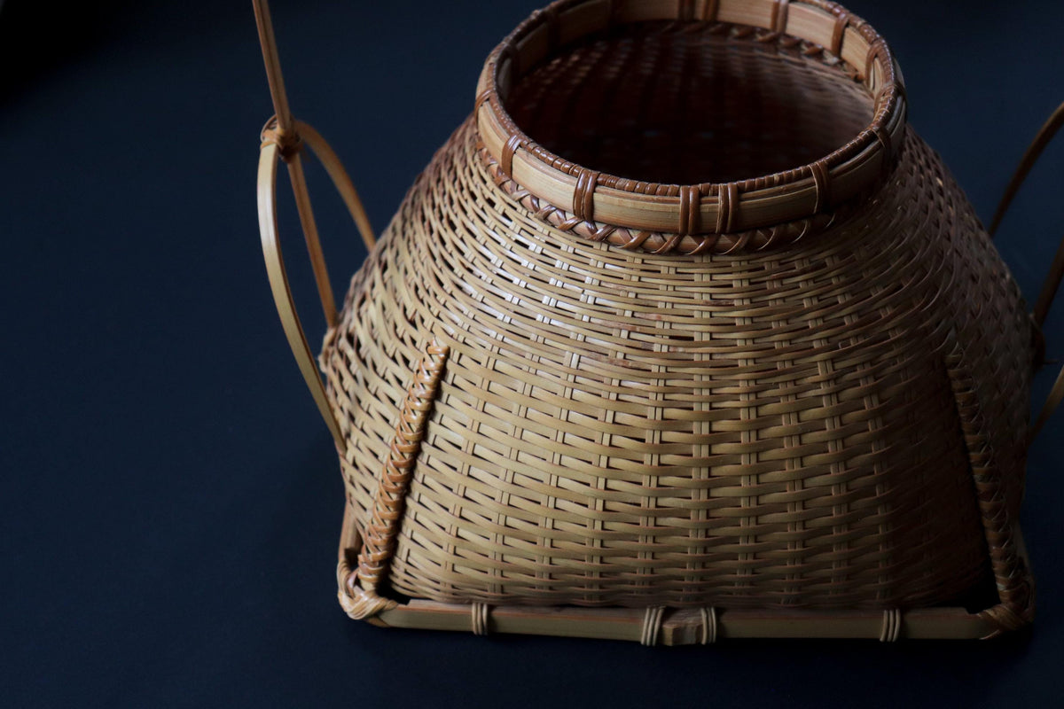 Vintage Japanese Bamboo Hanakago, Ikebana Flower Basket with Liner, Sculptural Tea Ceremony Decor