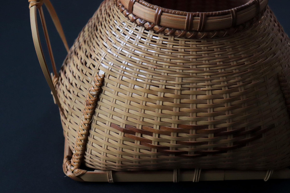 Vintage Japanese Bamboo Hanakago, Ikebana Flower Basket with Liner, Sculptural Tea Ceremony Decor