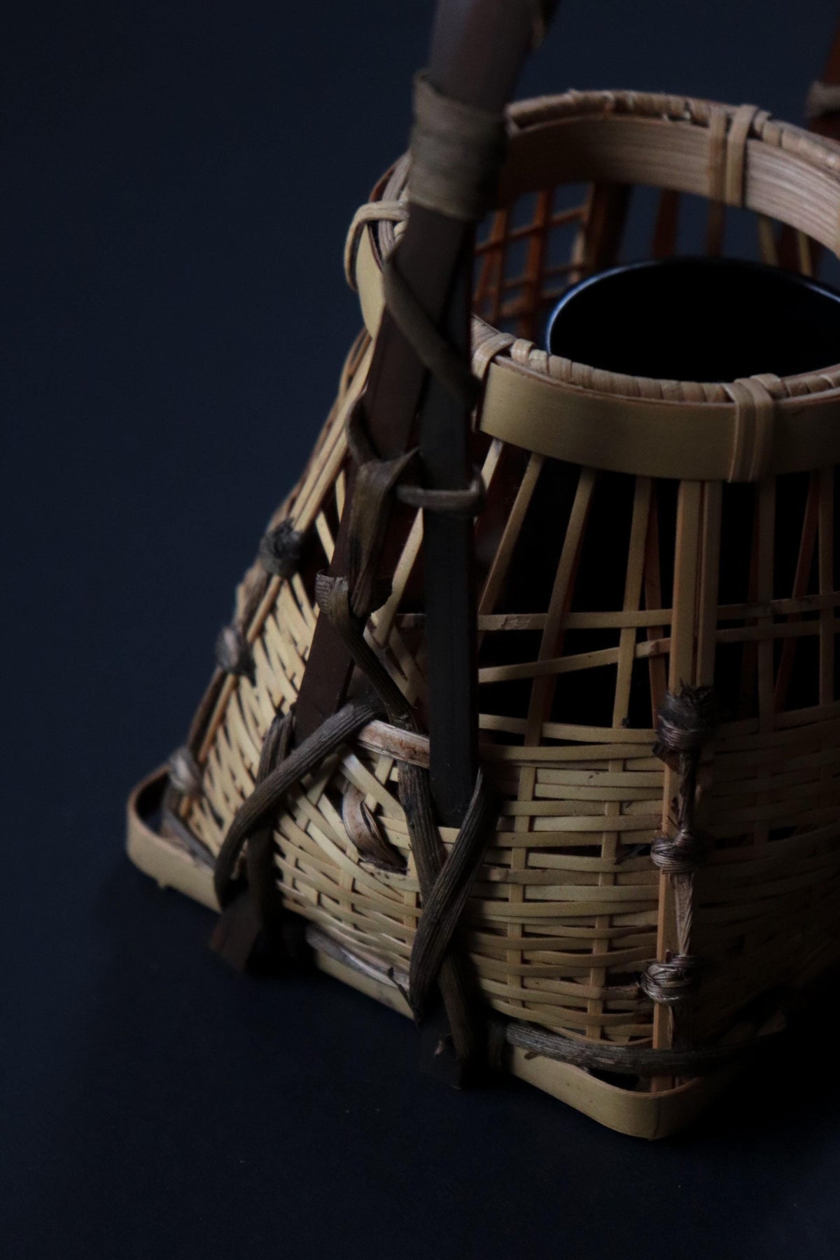 Vintage Japanese Bamboo Hanakago, Small Ikebana Flower Basket with Liner, Tea Ceremony Decor