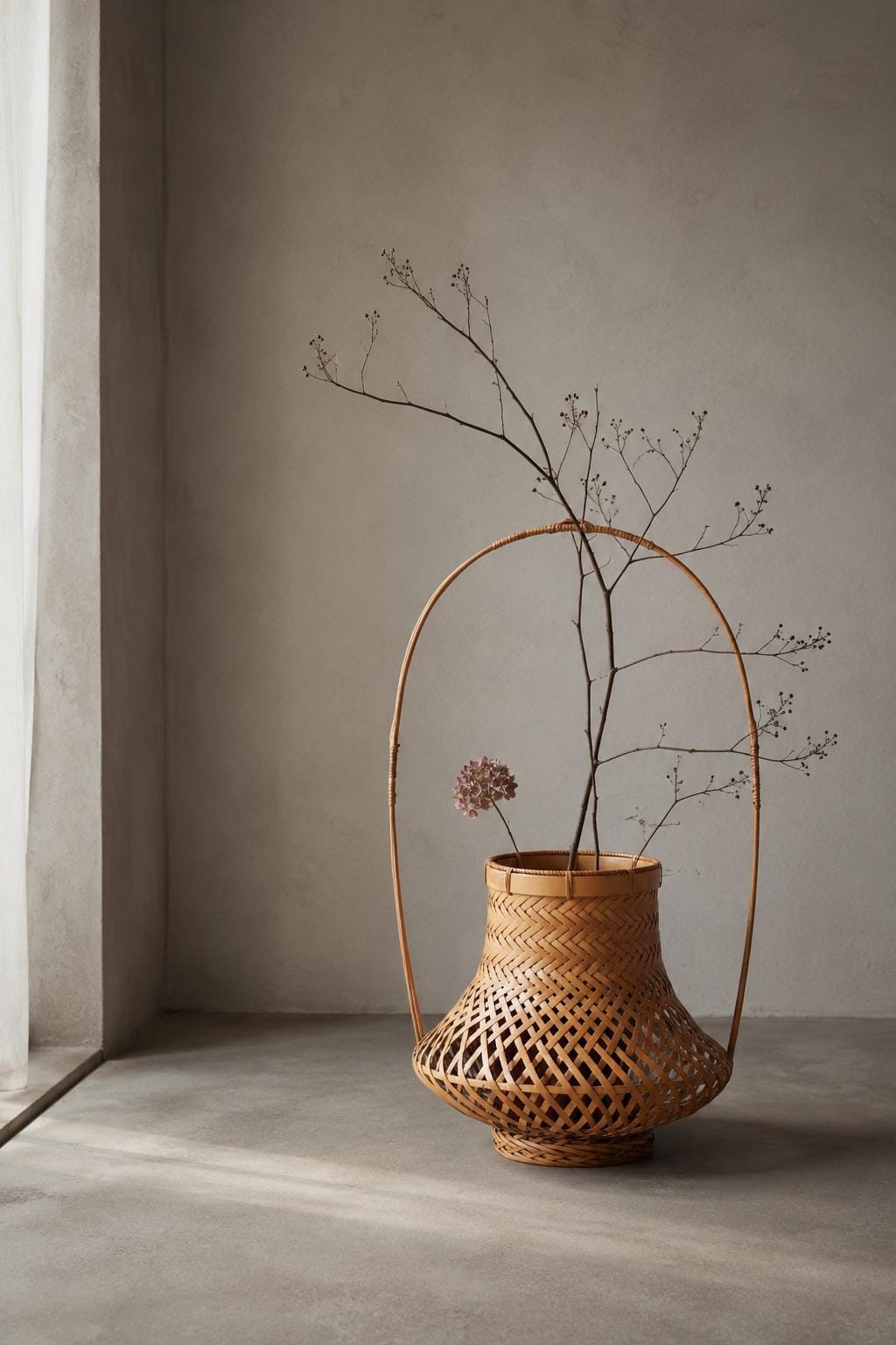 Vintage Japanese Bamboo Hanakago, Ikebana Flower Basket, Sculptural Woven Bamboo Tea Ceremony Decor