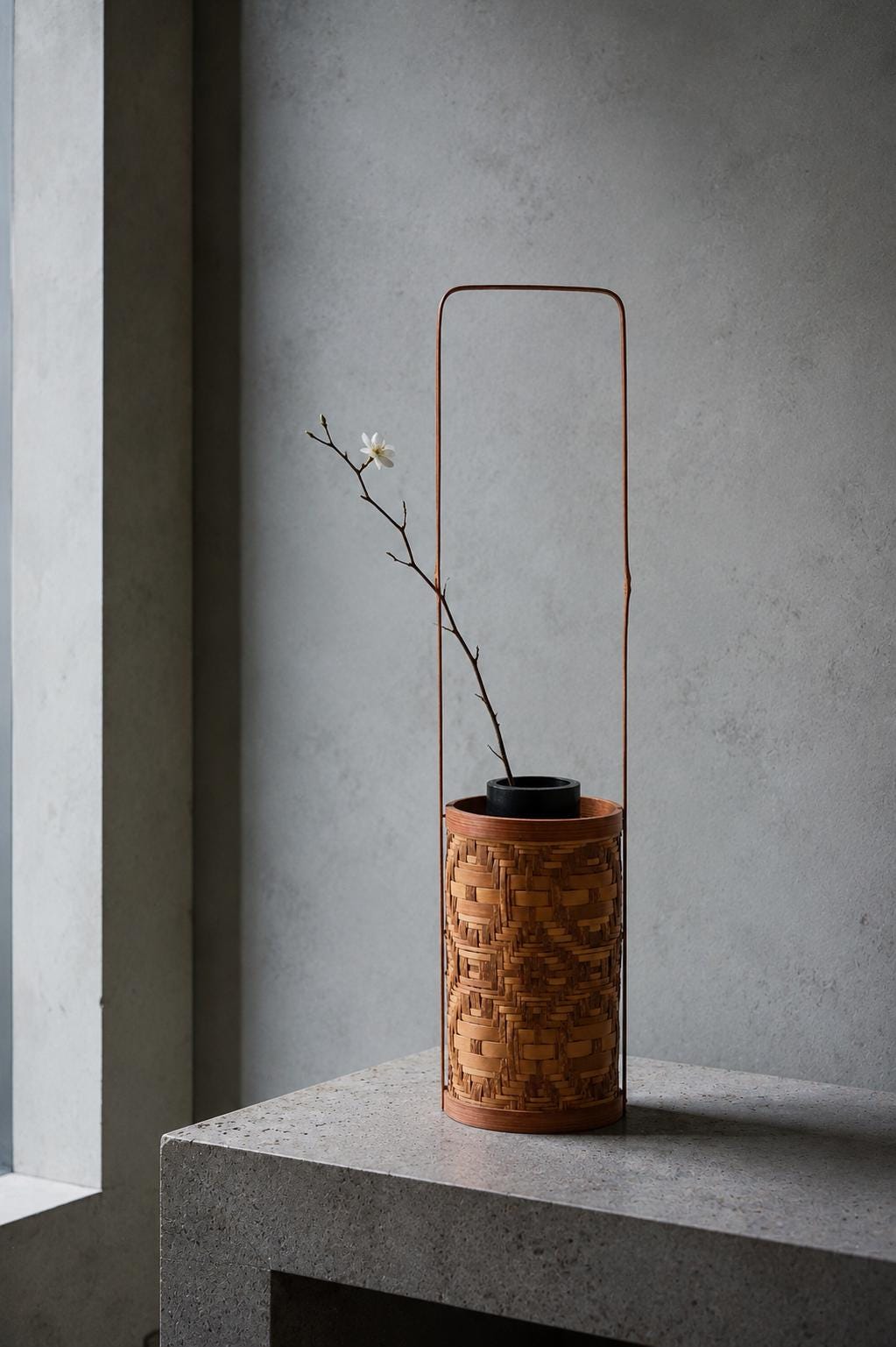 Vintage Japanese Bamboo Hanakago, Ikebana Flower Basket with Liner, Sculptural Tea Ceremony Decor